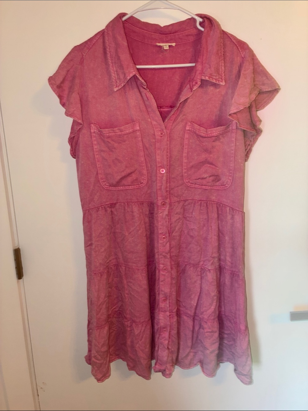 JODIFL Washed Pink Button-Front Tiered Shirt Dress